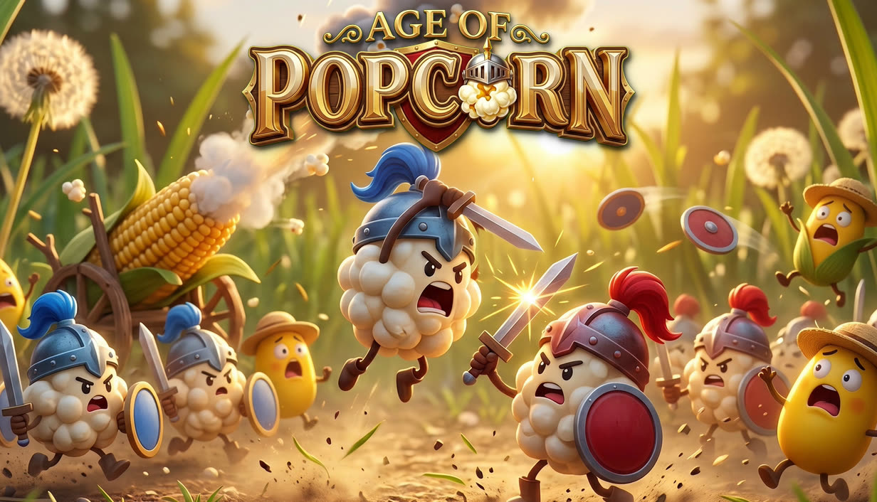Pipocas de capacete correndo com espadas e escudos em um quintal, com o logo do Age of Popcorn no alto